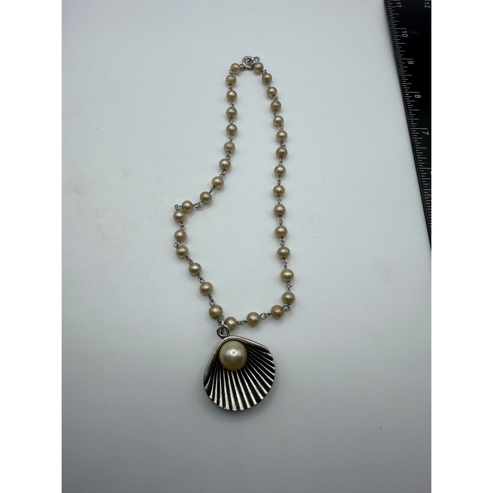 Vintage Faux Pearl Seashell Locket Necklace Silver Tone Nautical Mermaidcore 18"